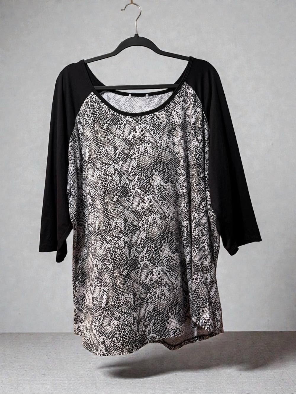 Soft & Stretchy Grey & White Snakeskin Print Top with Black Raglan Sleeves